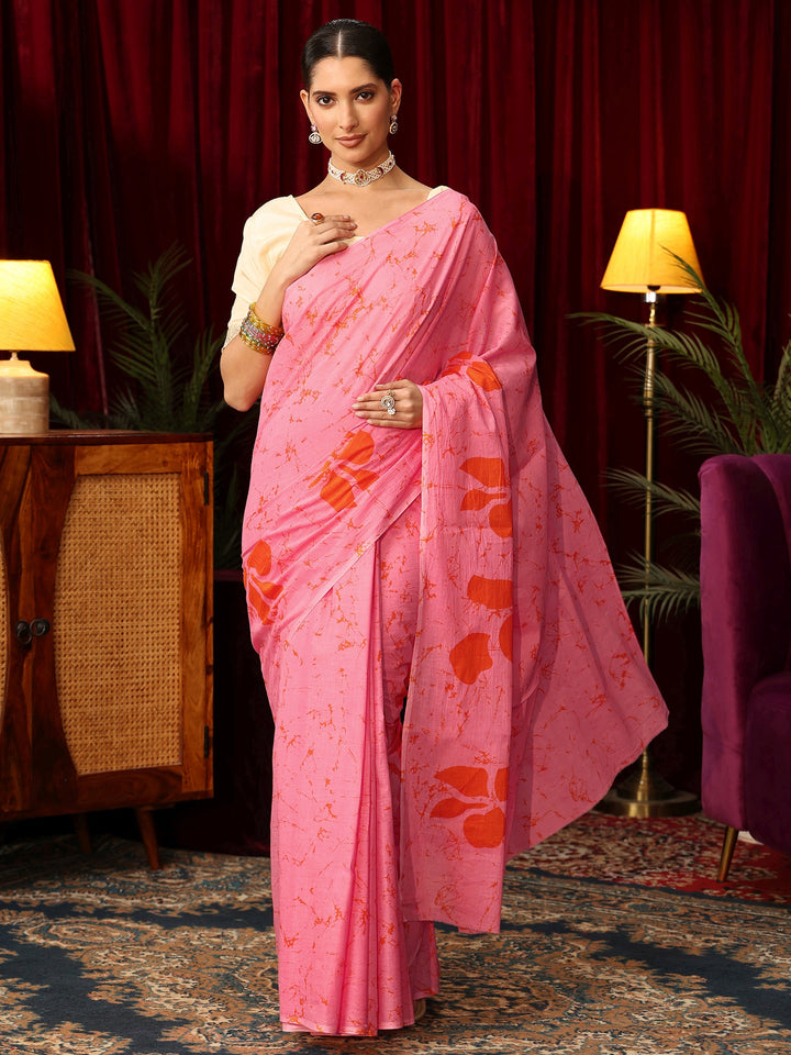 Libas Bubblegum Pink Batik Print Cotton Saree