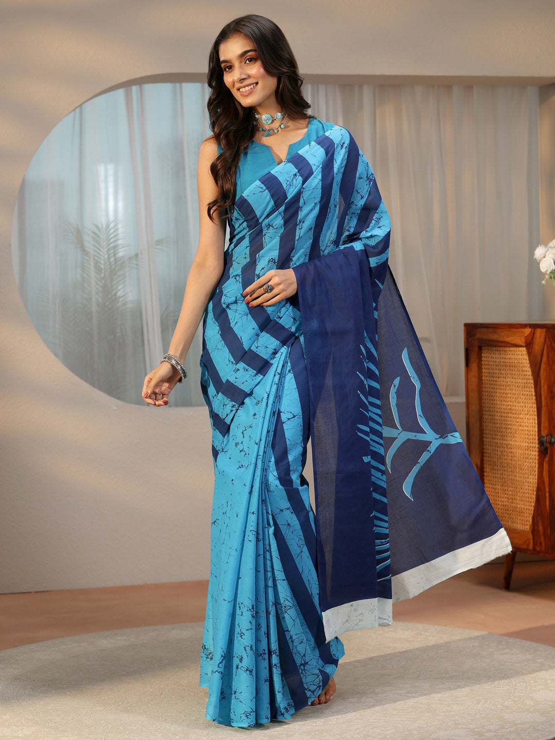 Libas Cerulean Blue Batik Print Cotton Saree