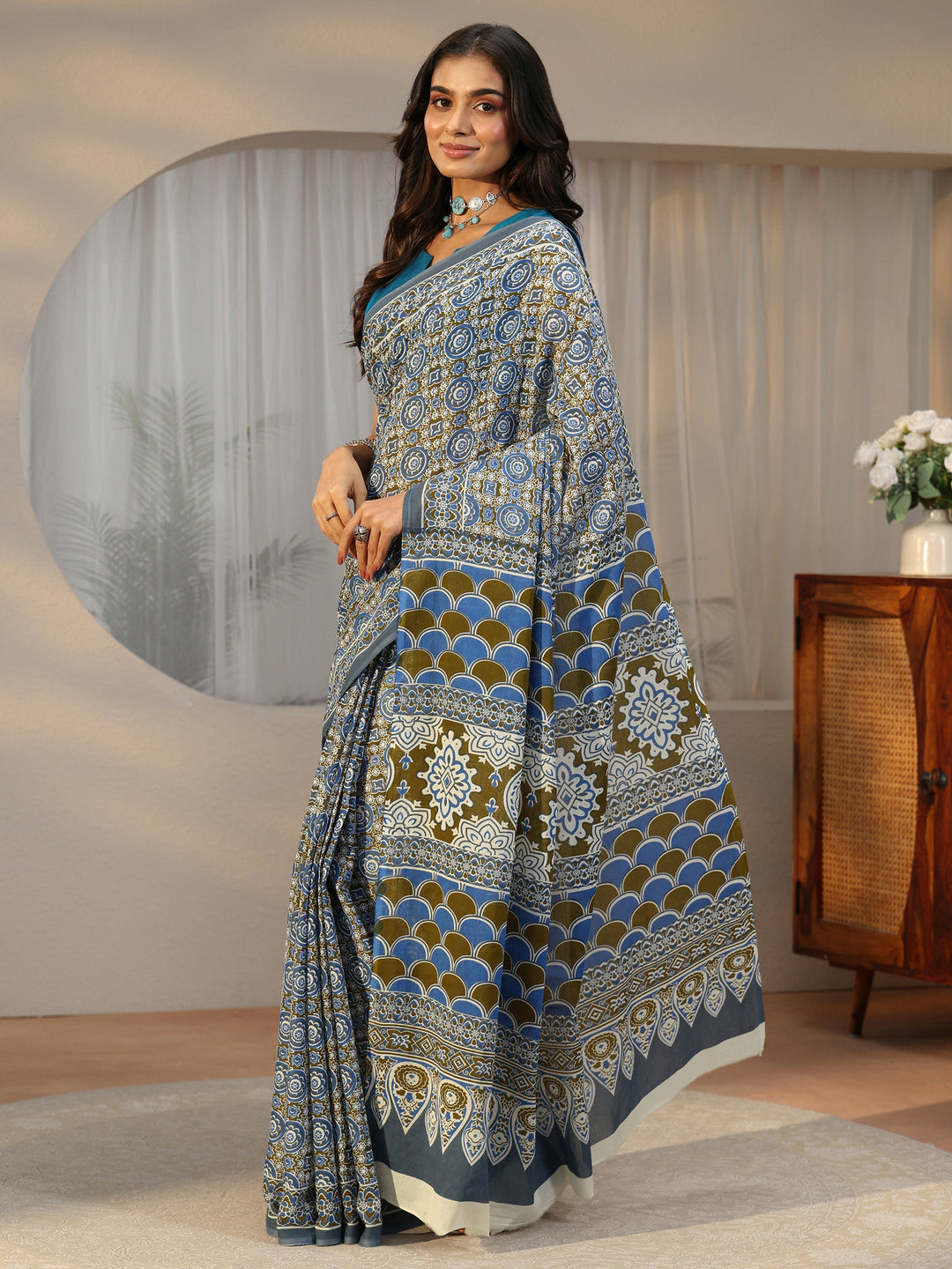 Libas Dusty Blue Floral Printed Cotton Saree