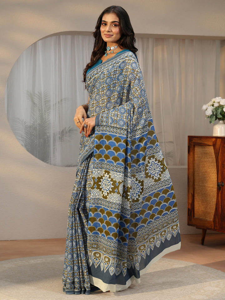 Libas Dusty Blue Floral Printed Cotton Saree