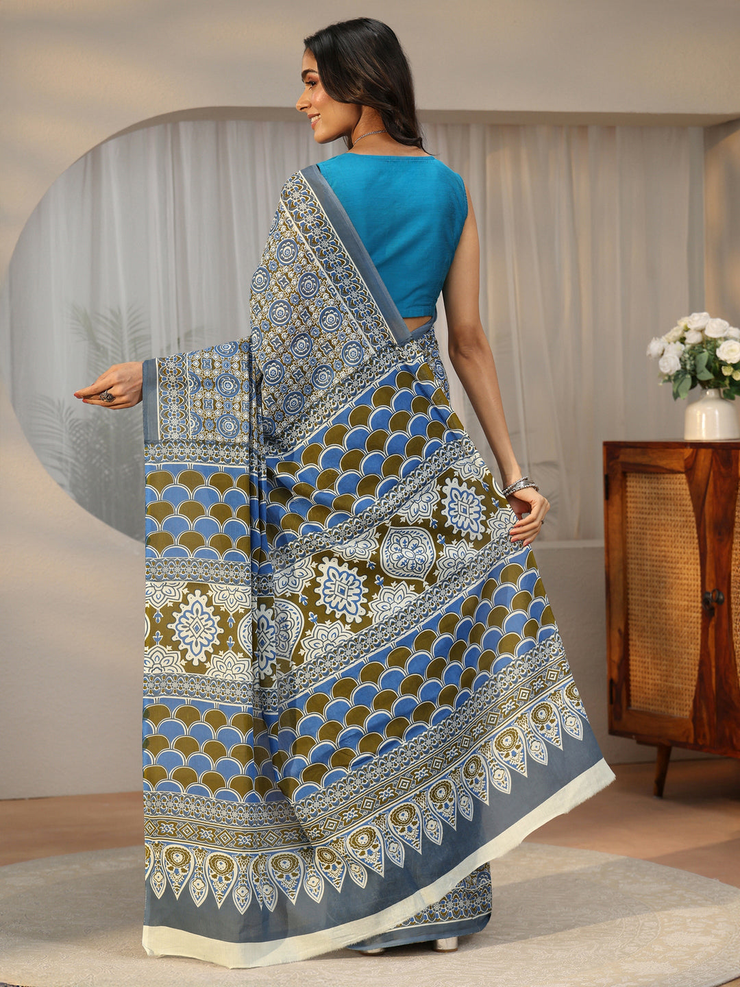 Libas Dusty Blue Floral Printed Cotton Saree