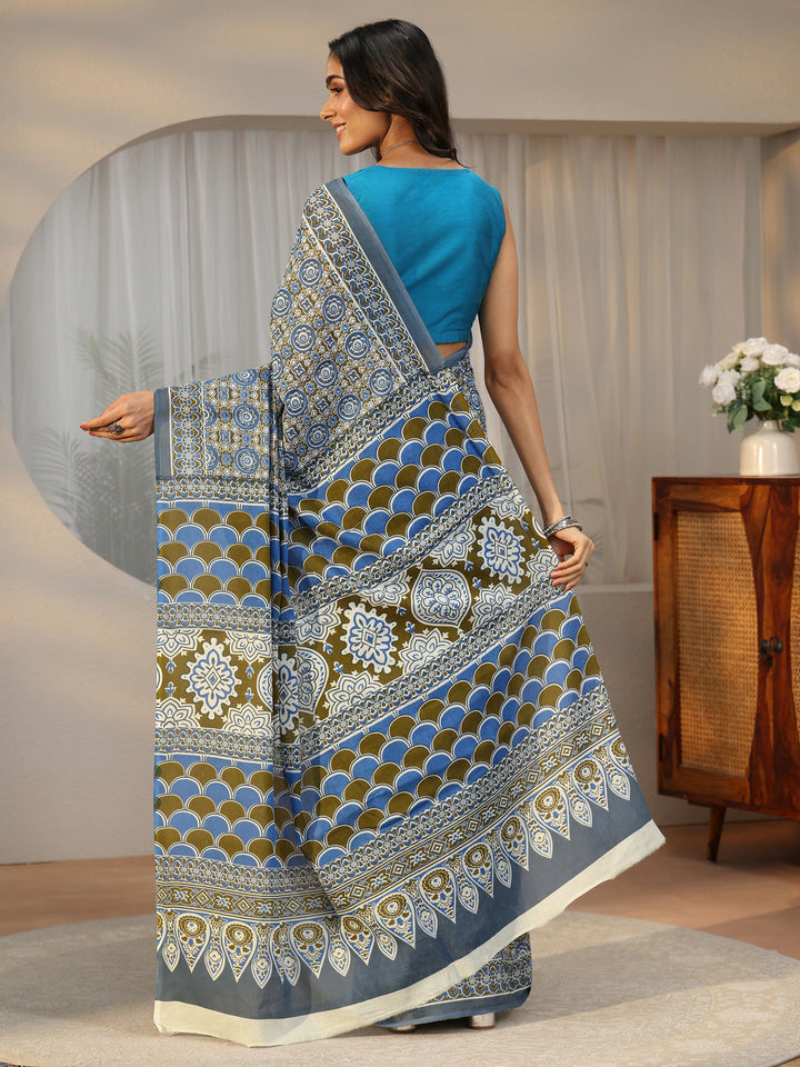 Libas Dusty Blue Floral Printed Cotton Saree