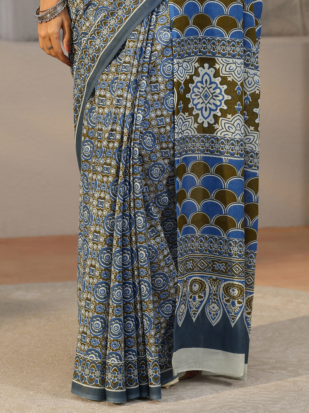 Libas Dusty Blue Floral Printed Cotton Saree