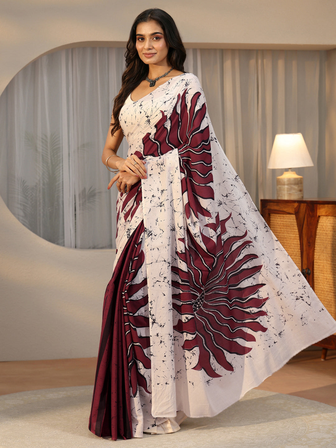 Libas Wine Red Screen Printed Cotton Saree