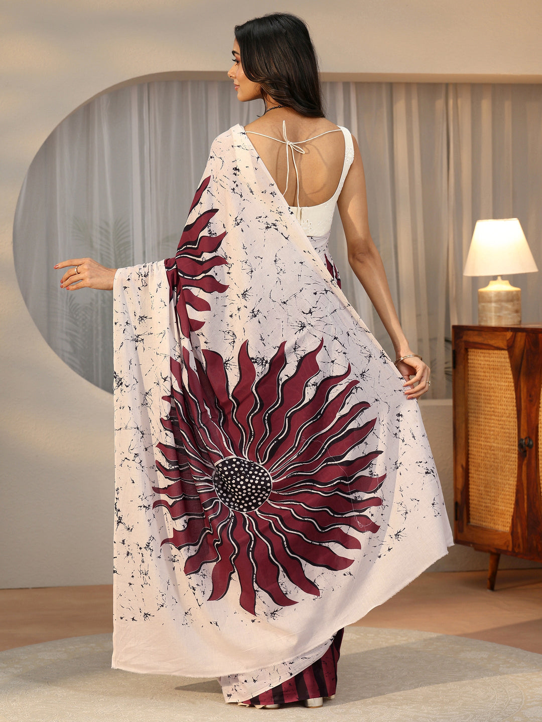 Libas Wine Red Screen Printed Cotton Saree