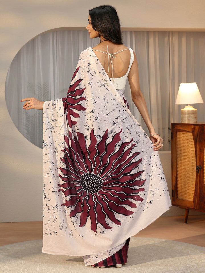 Libas Wine Red Screen Printed Cotton Saree