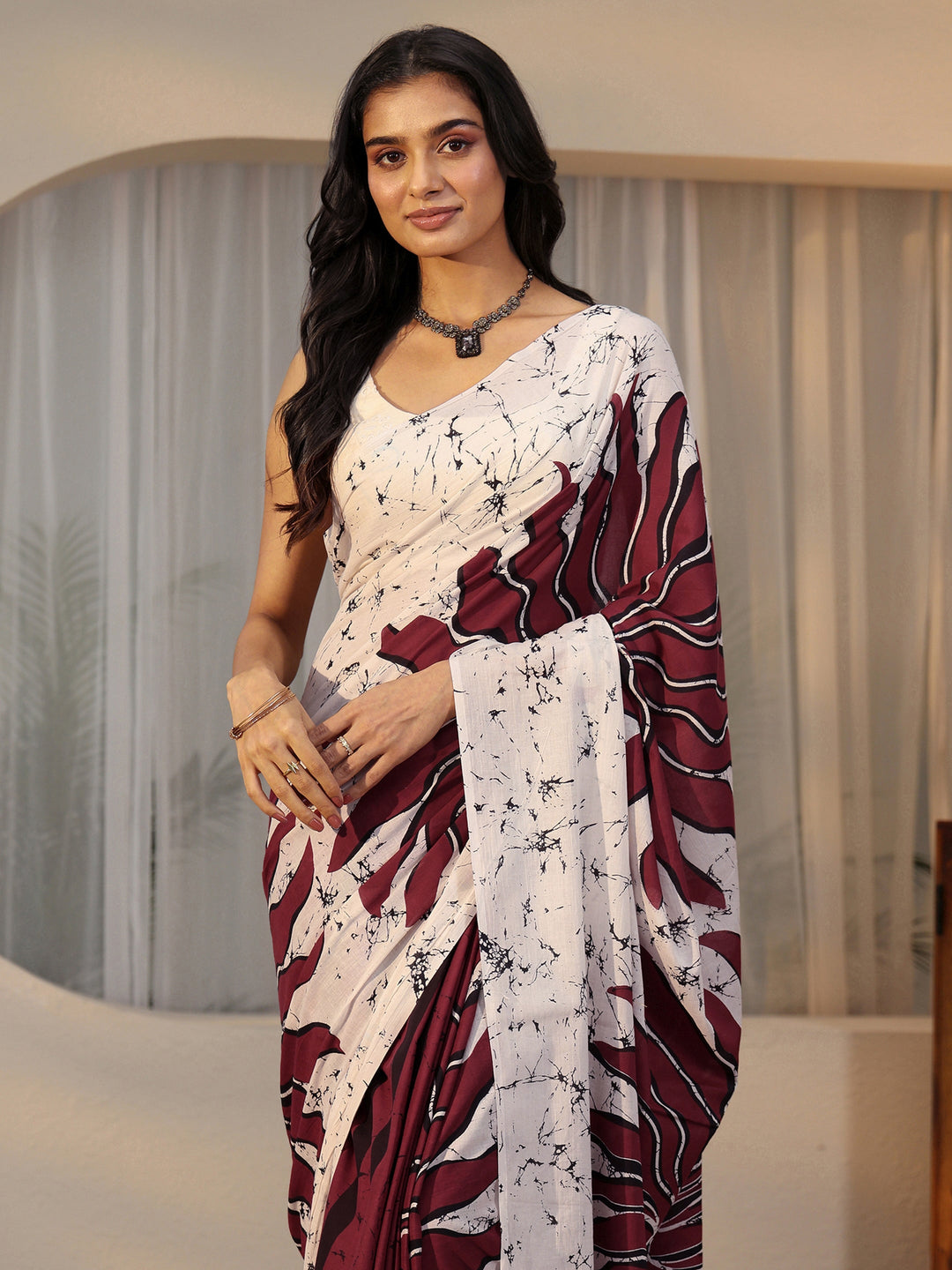 Libas Wine Red Screen Printed Cotton Saree