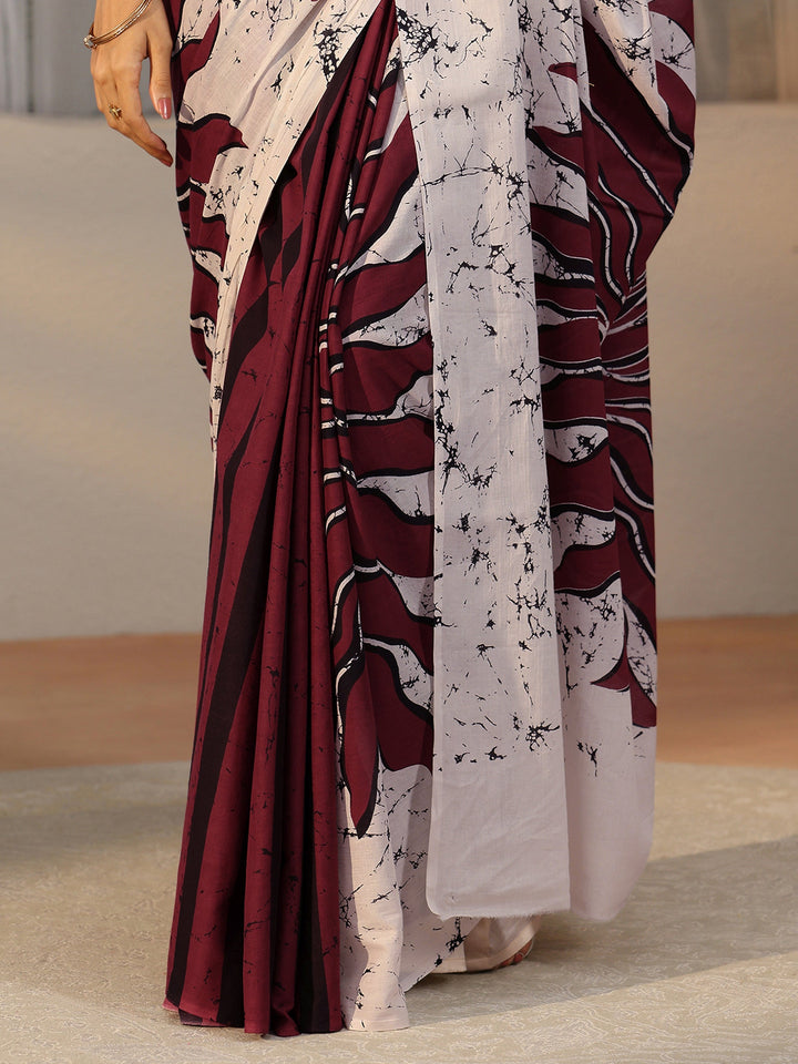 Libas Wine Red Screen Printed Cotton Saree