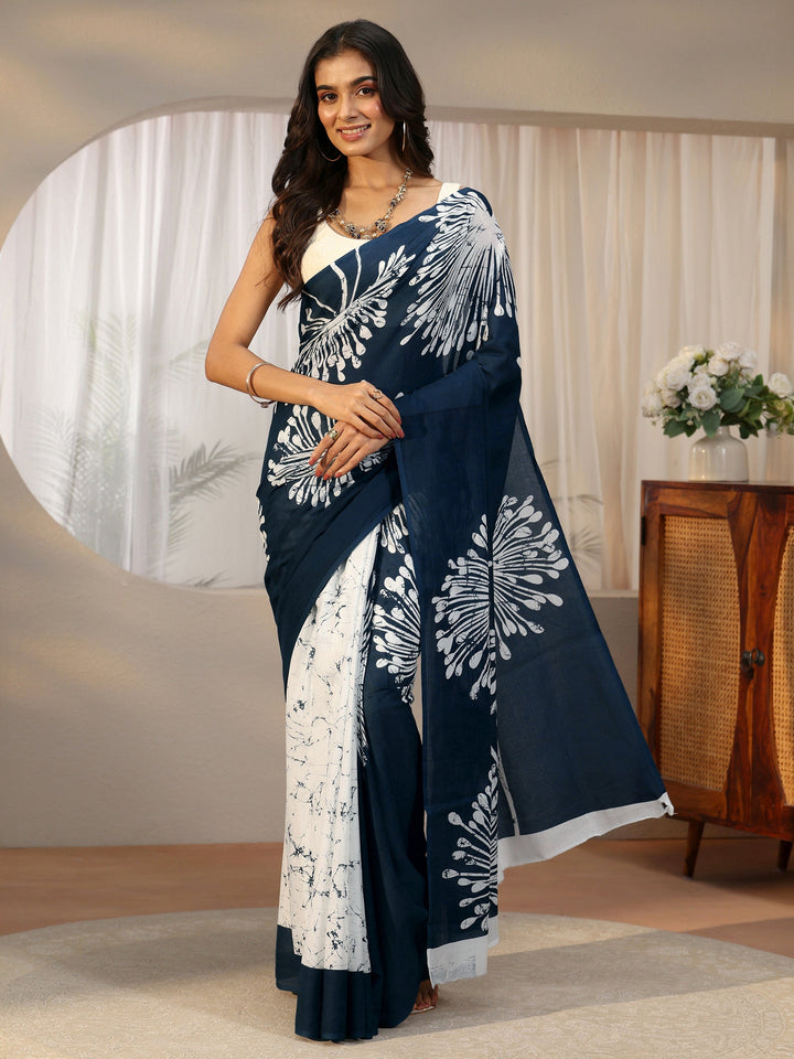 Libas Navy Blue Screen Printed Cotton Saree