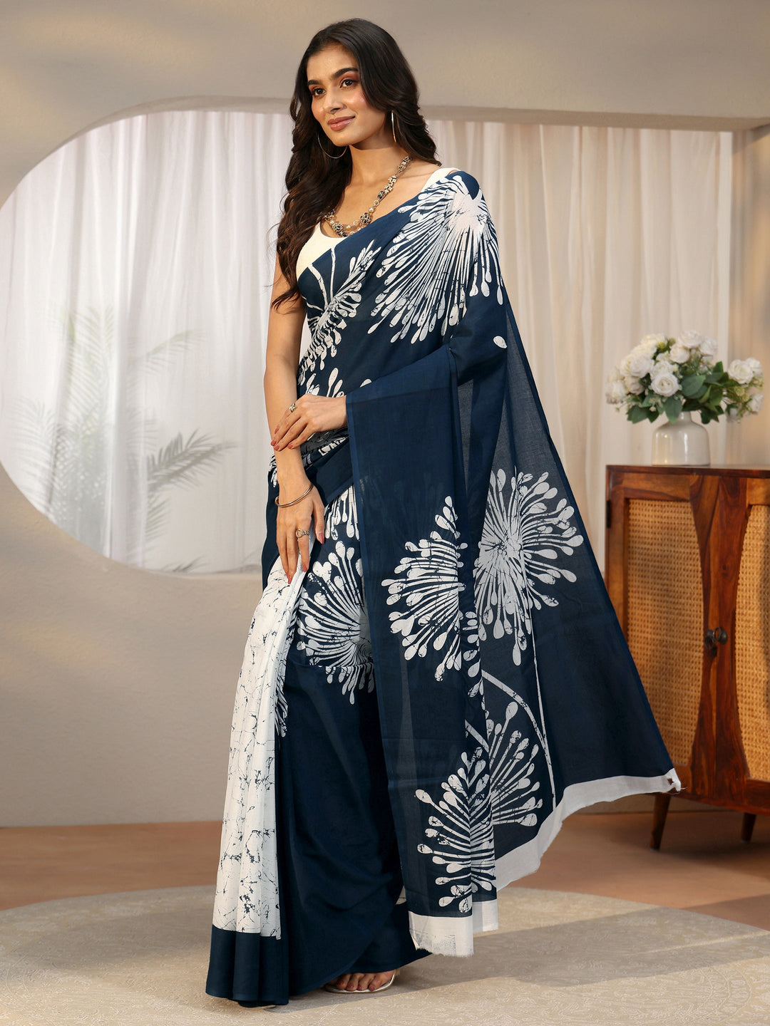 Libas Navy Blue Screen Printed Cotton Saree