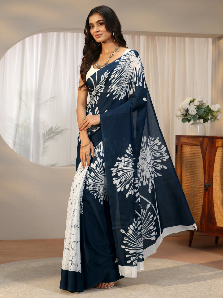 Libas Navy Blue Screen Printed Cotton Saree