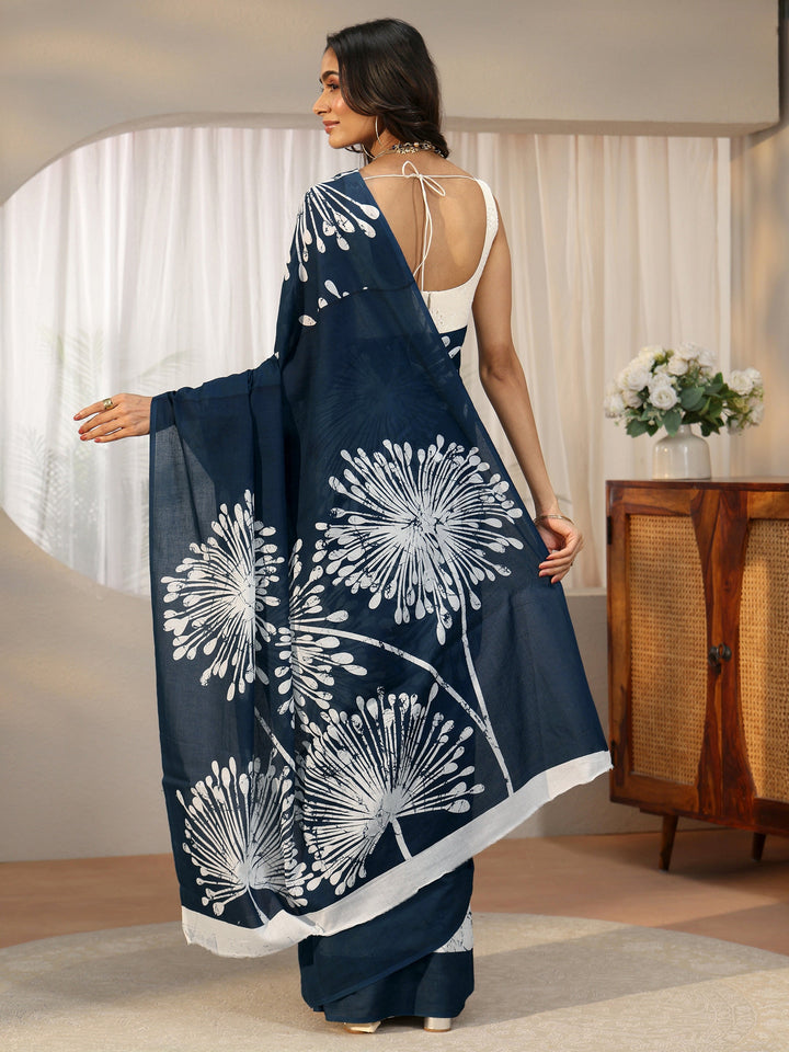Libas Navy Blue Screen Printed Cotton Saree