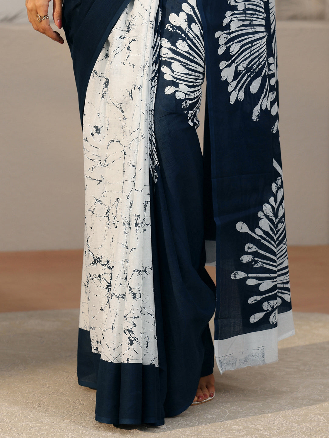 Libas Navy Blue Screen Printed Cotton Saree