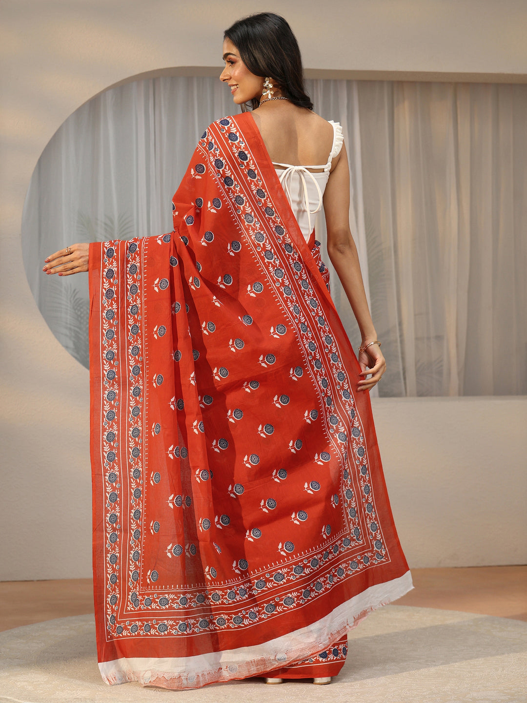 Libas Orange Floral Block Print Cotton Saree