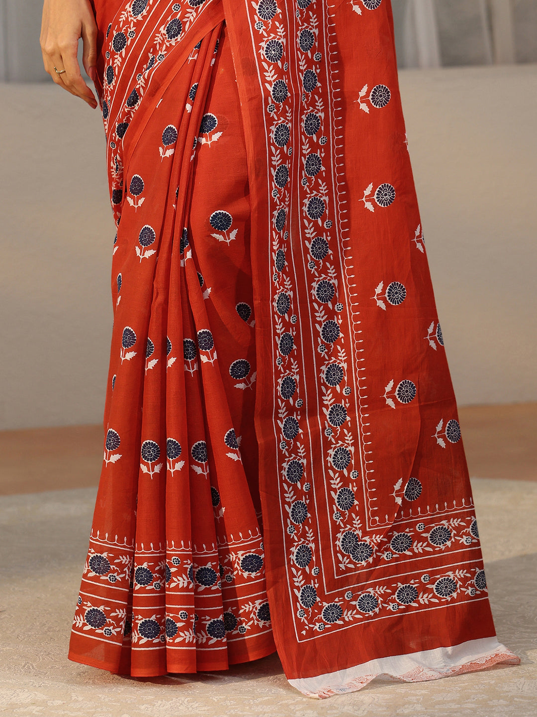 Libas Orange Floral Block Print Cotton Saree