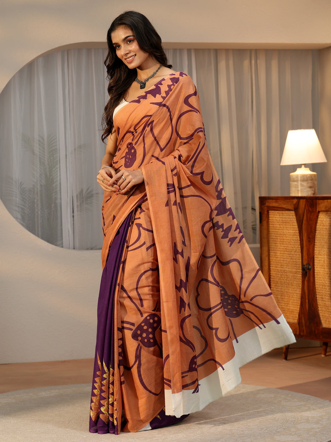 Libas Brown Abstract Printed Cotton Saree