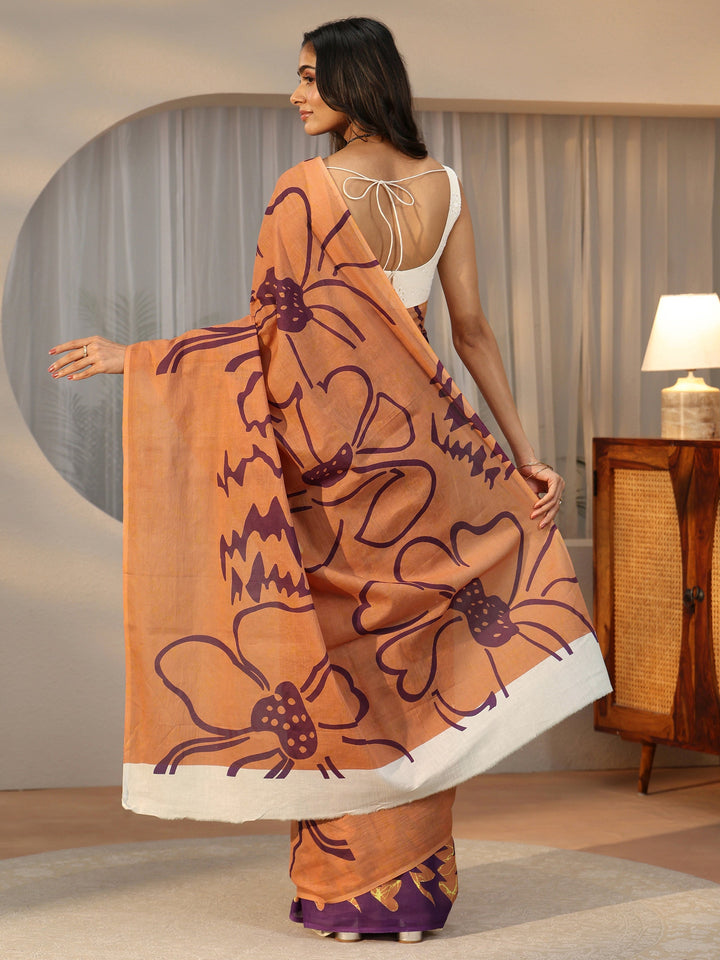 Libas Brown Abstract Printed Cotton Saree