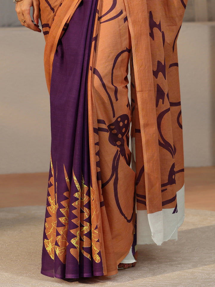 Libas Brown Abstract Printed Cotton Saree