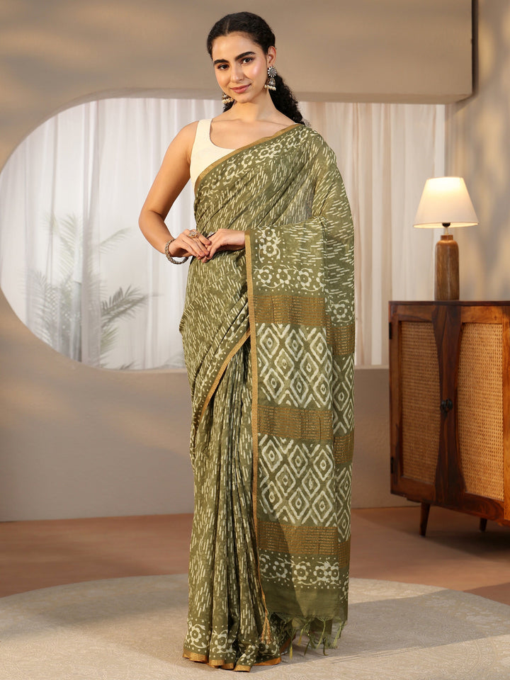 Libas Olive Green Batik Printed Cotton Saree