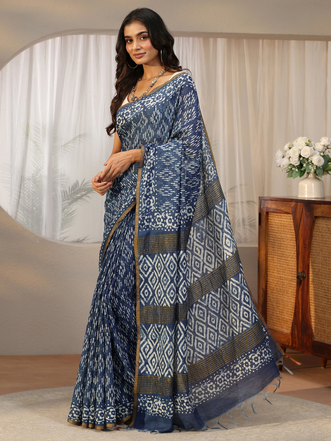 Libas Indigo Blue Dabu Print Cotton Saree