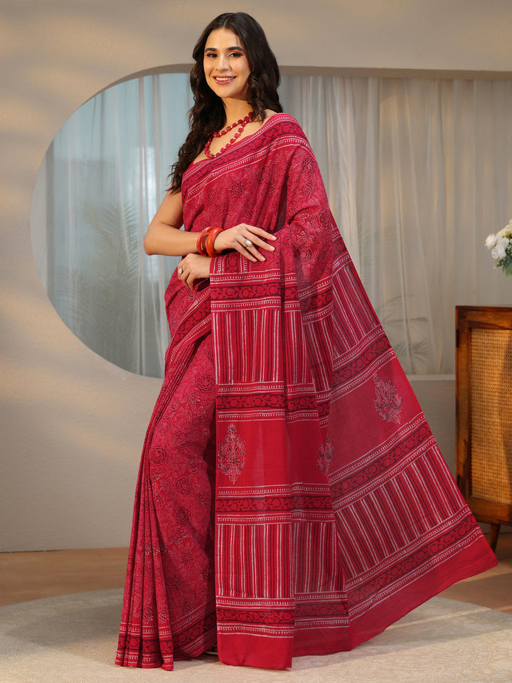 Libas Crimson Red Floral Printed Cotton Saree