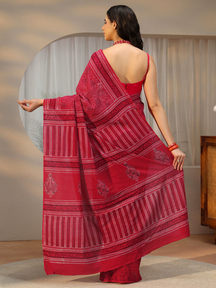 Libas Crimson Red Floral Printed Cotton Saree