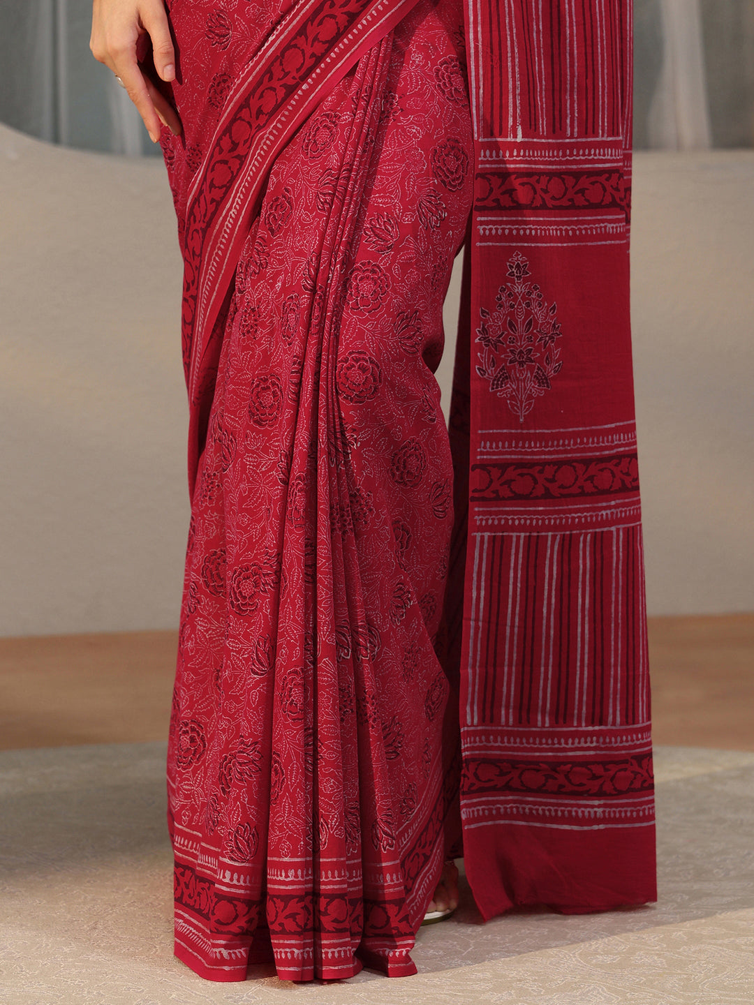 Libas Crimson Red Floral Printed Cotton Saree