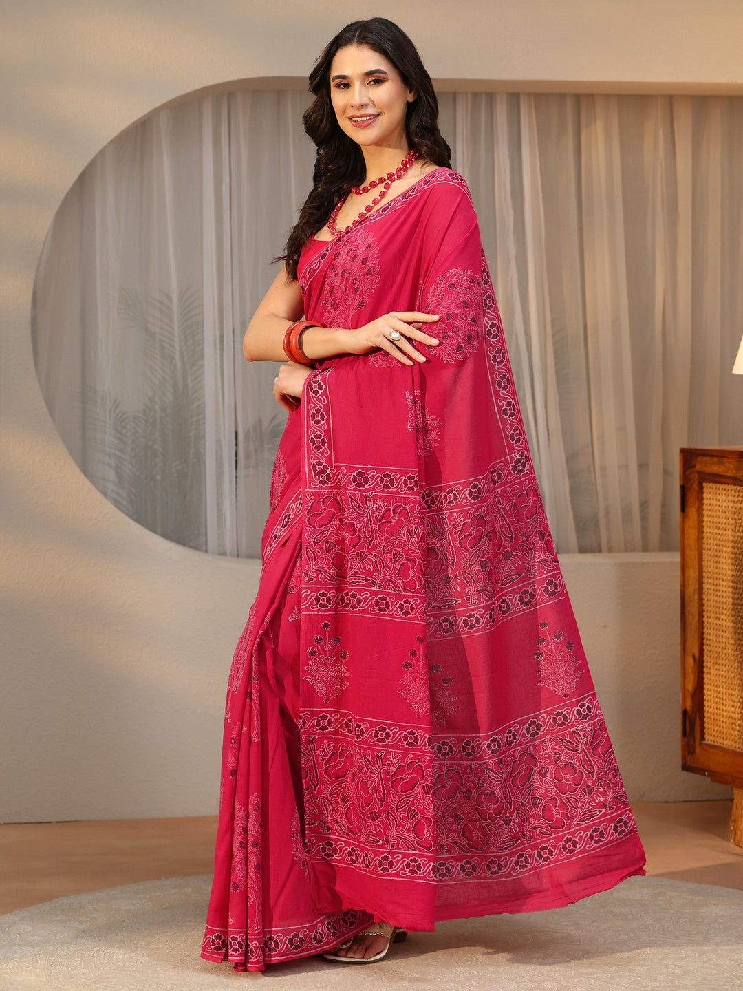 Libas Crimson Red Block Print Cotton Saree