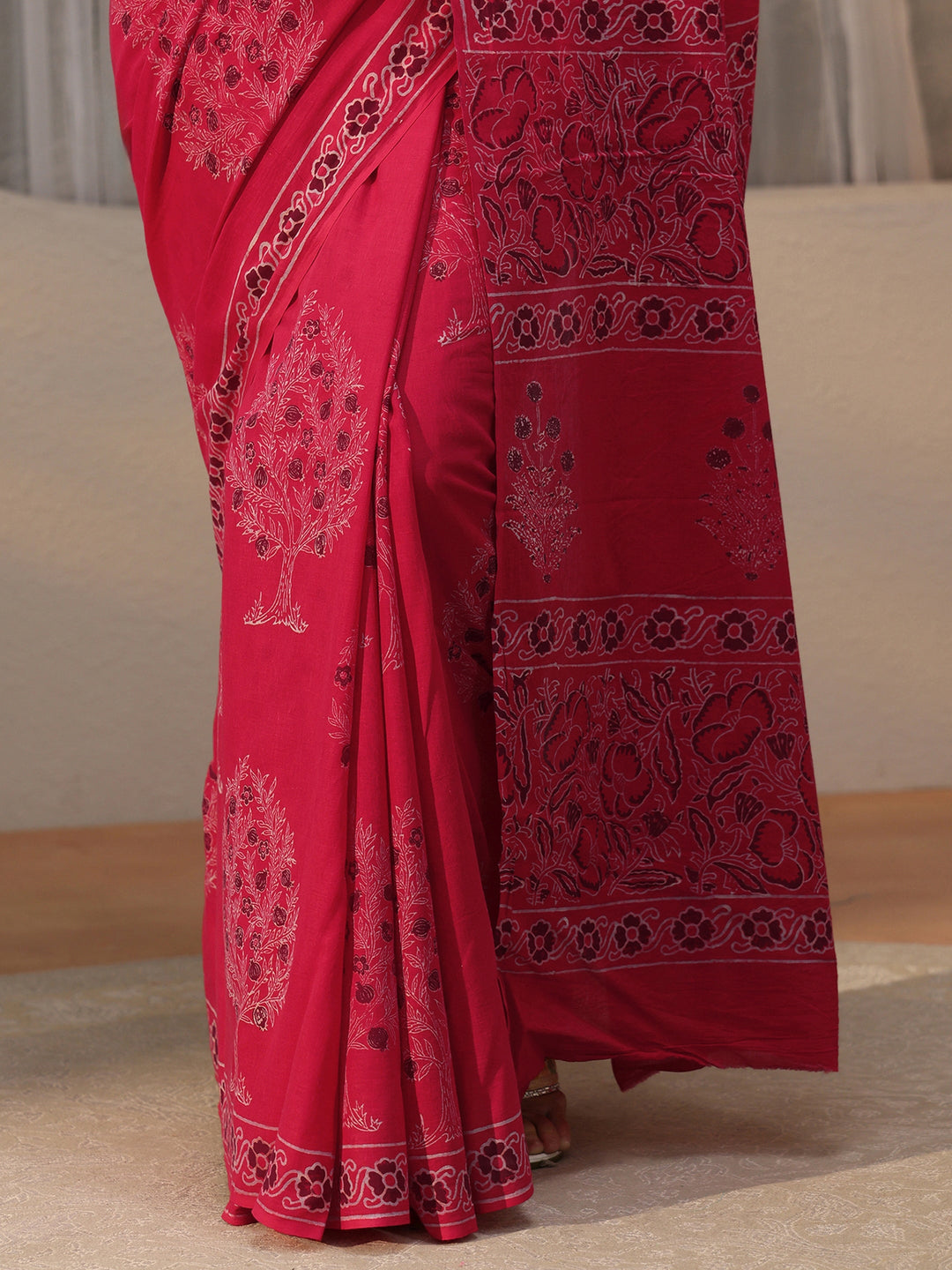 Libas Crimson Red Block Print Cotton Saree