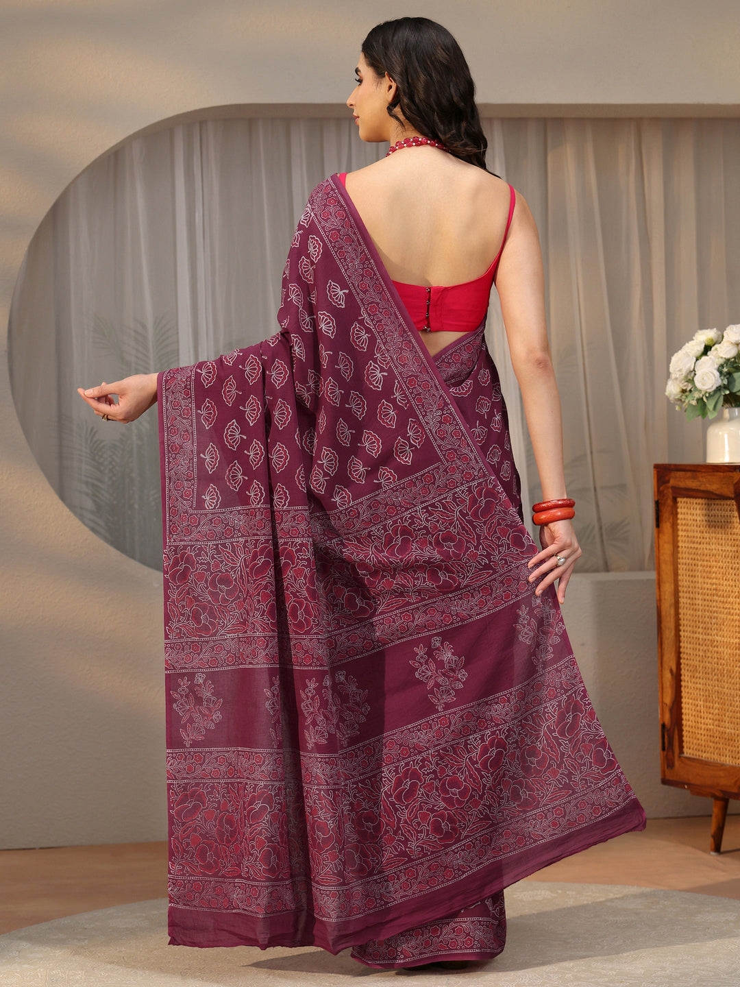 Libas Wine Red Block Print Cotton Saree