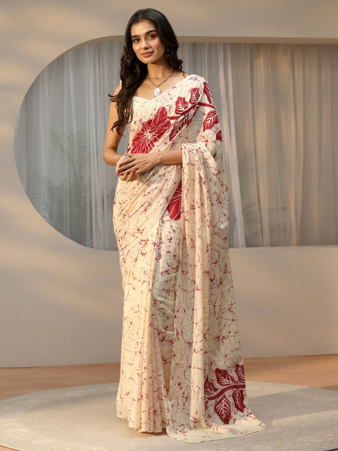 Libas Cream Screen Printed Floral Cotton Saree