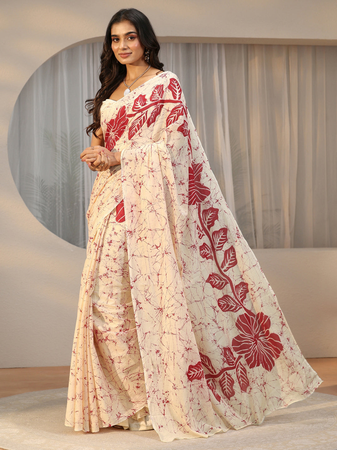 Libas Cream Screen Printed Floral Cotton Saree