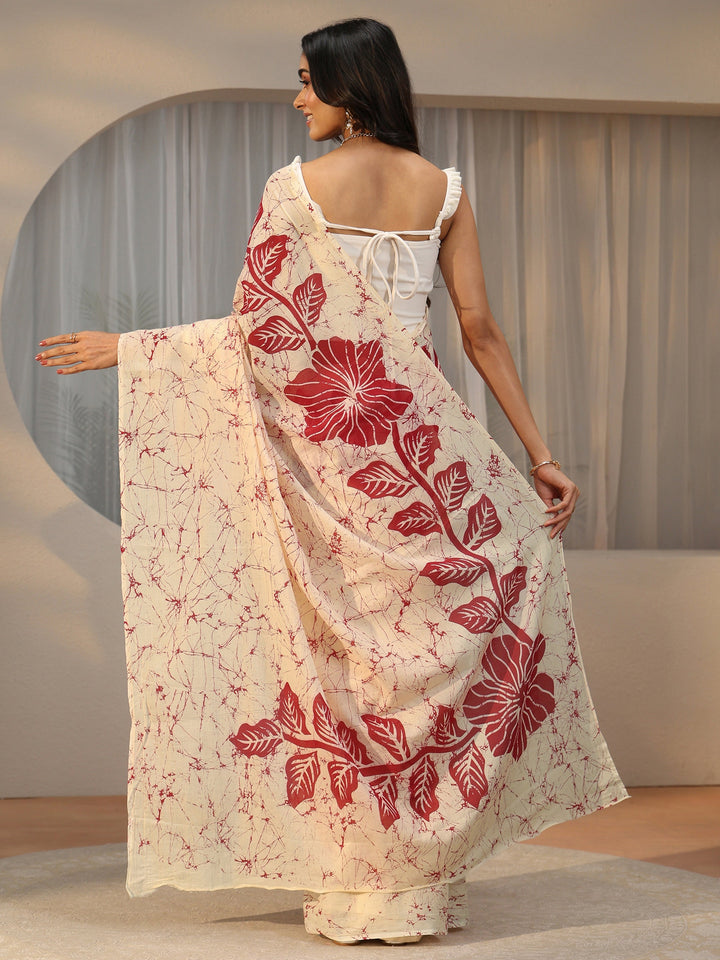 Libas Cream Screen Printed Floral Cotton Saree