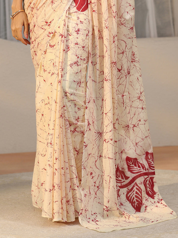Libas Cream Screen Printed Floral Cotton Saree