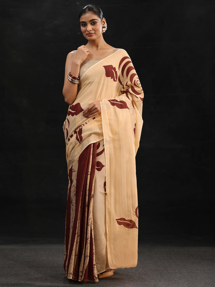 Libas Cream Rosette Print Cotton Saree