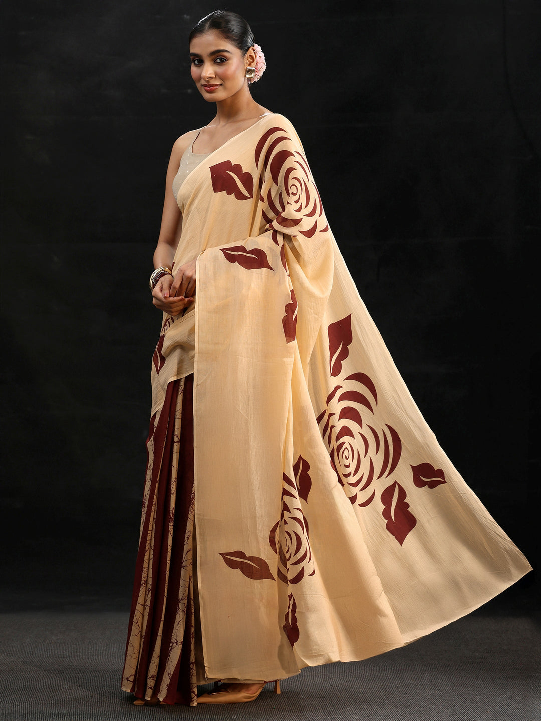 Libas Cream Rosette Print Cotton Saree
