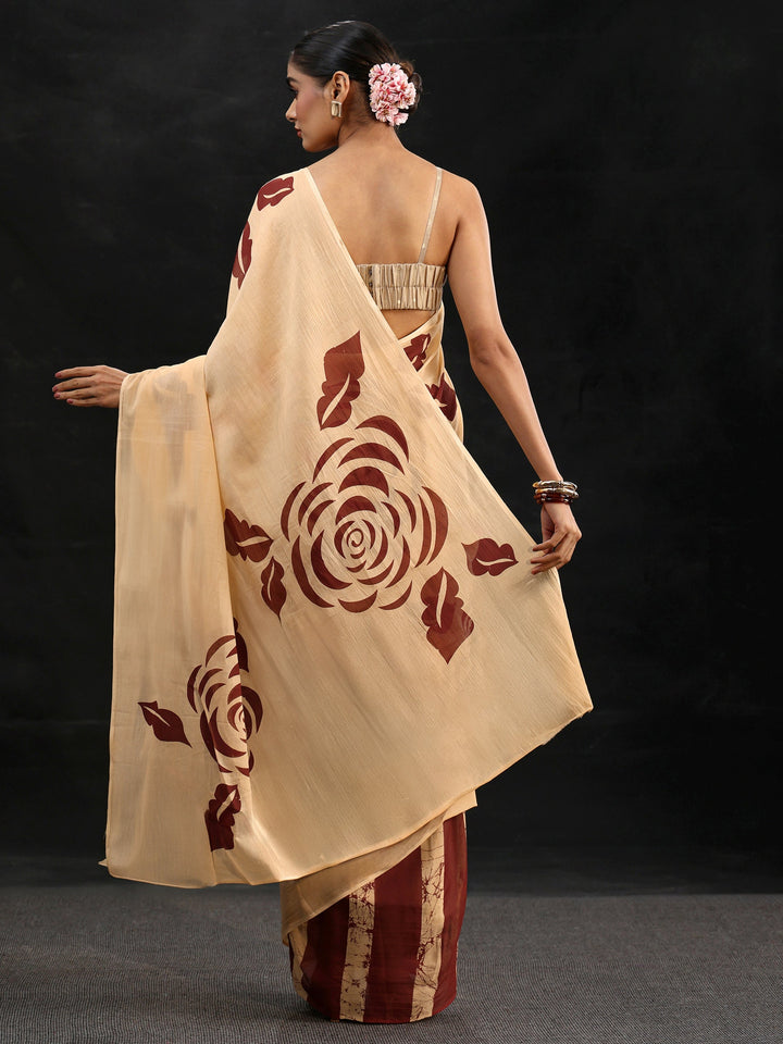 Libas Cream Rosette Print Cotton Saree