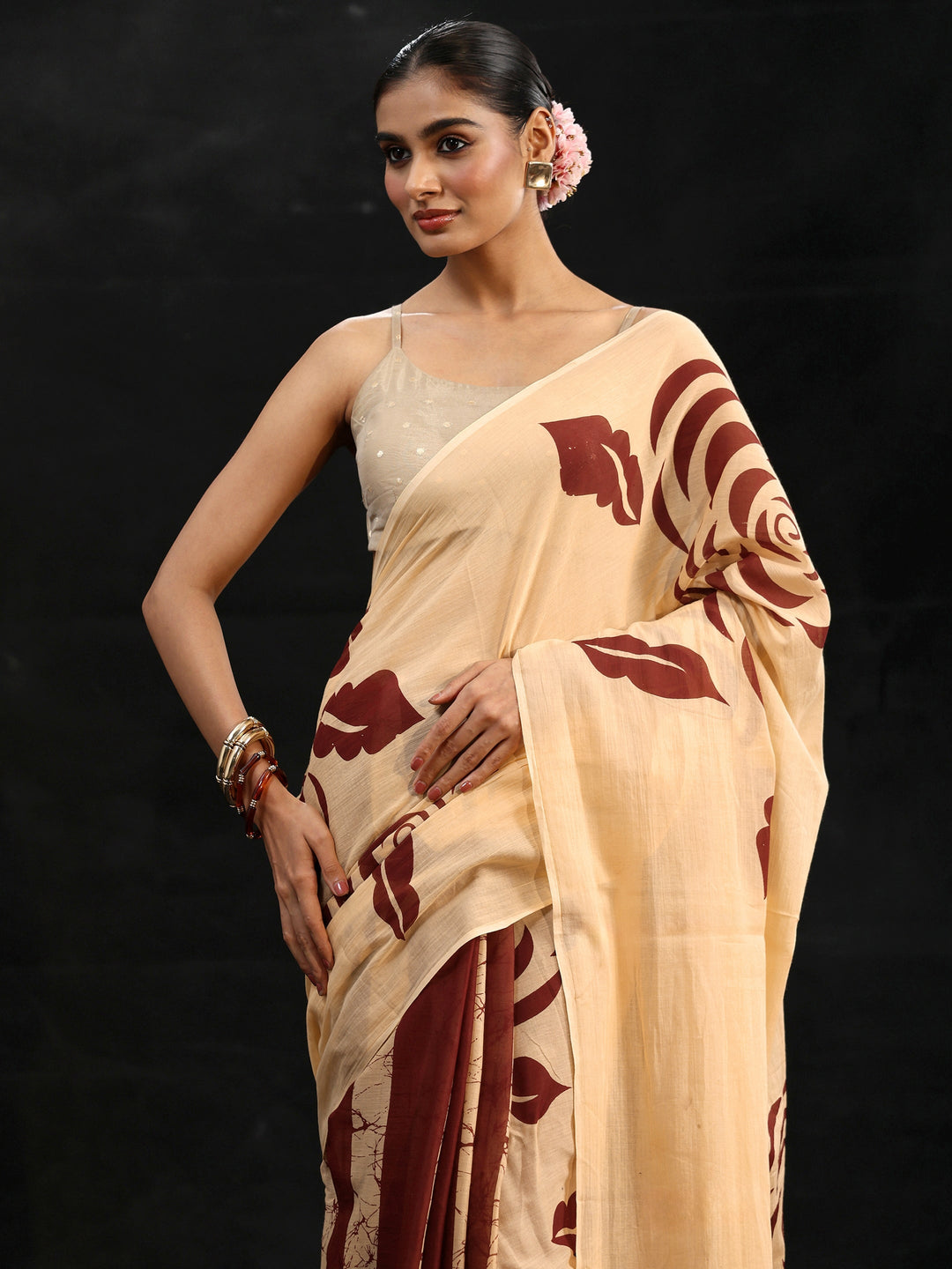 Libas Cream Rosette Print Cotton Saree