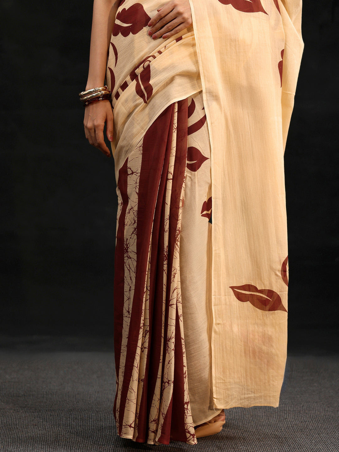 Libas Cream Rosette Print Cotton Saree