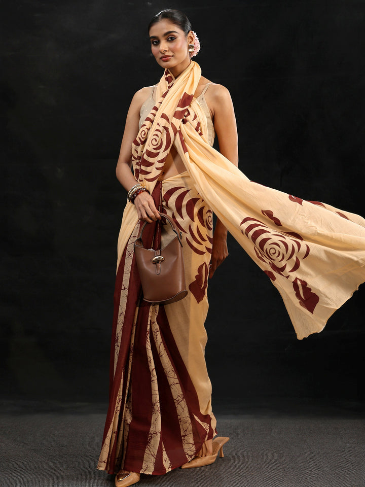 Libas Cream Rosette Print Cotton Saree
