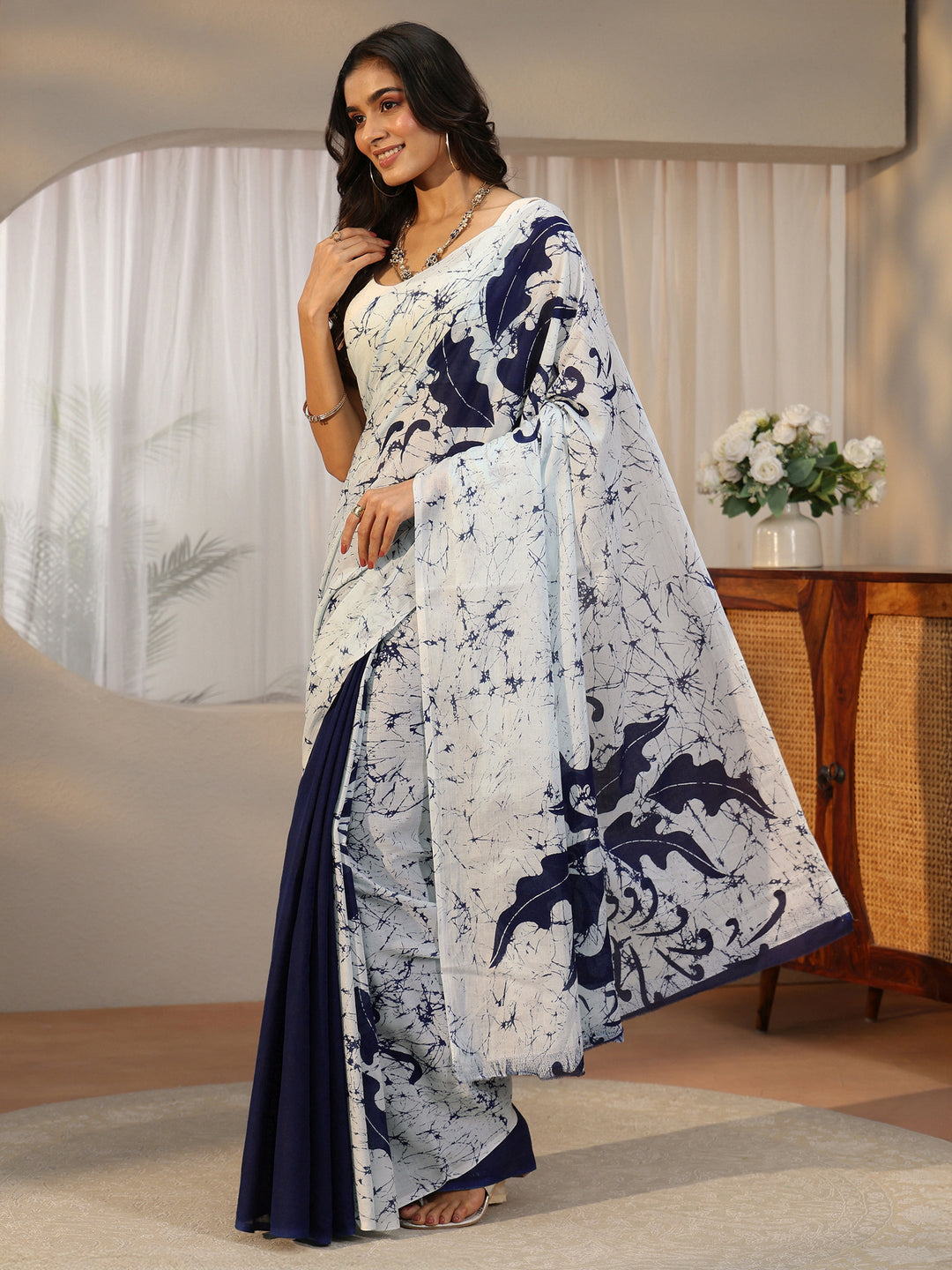 Libas Navy Blue Screen Printed Saree