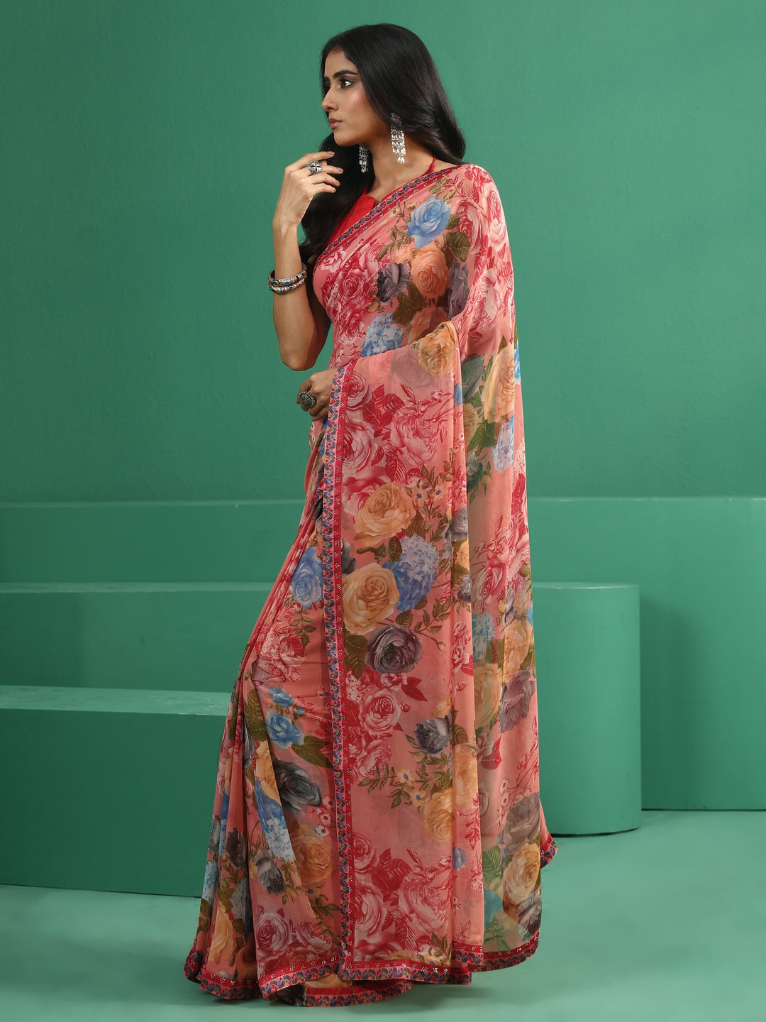 Libas Peach Floral Printed Georgette Saree