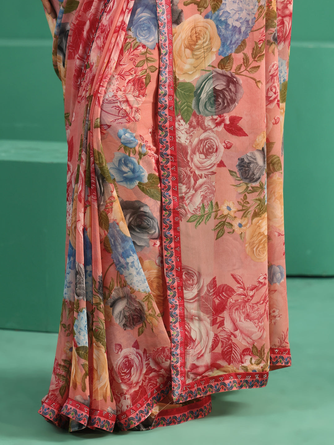 Libas Peach Floral Printed Georgette Saree