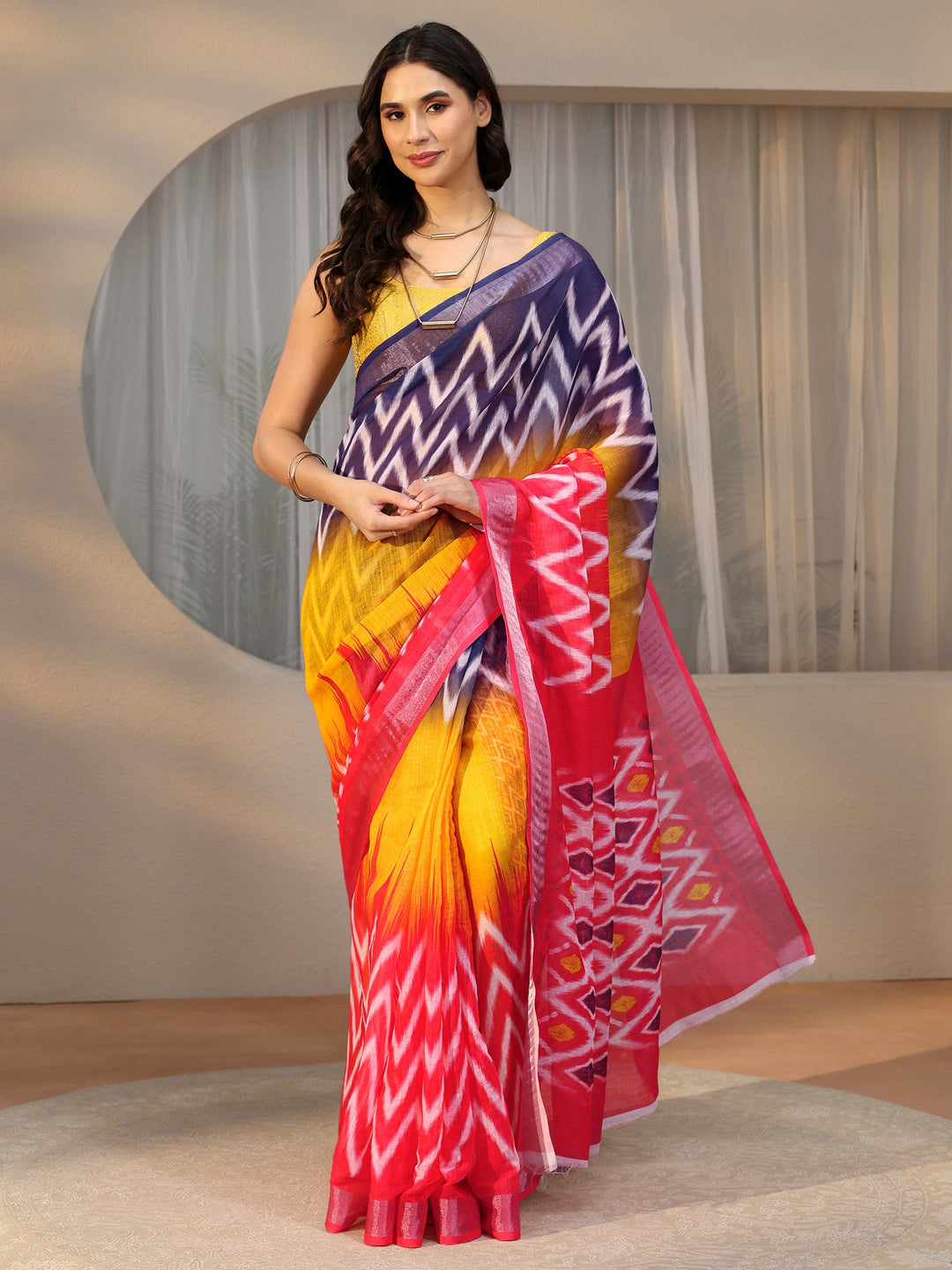 Libas Multi Colour Ikat Style Chevron Printed Cotton Blend Saree