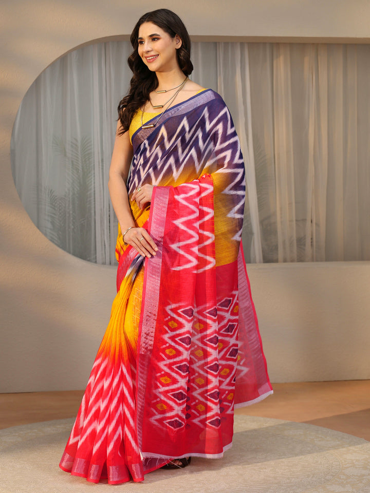 Libas Multi Colour Ikat Style Chevron Printed Cotton Blend Saree