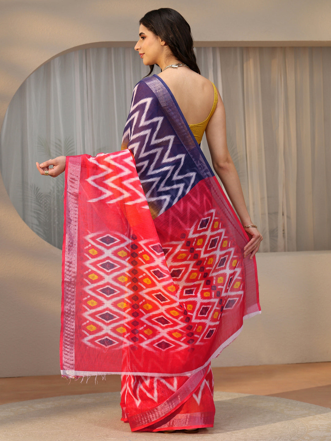 Libas Multi Colour Ikat Style Chevron Printed Cotton Blend Saree