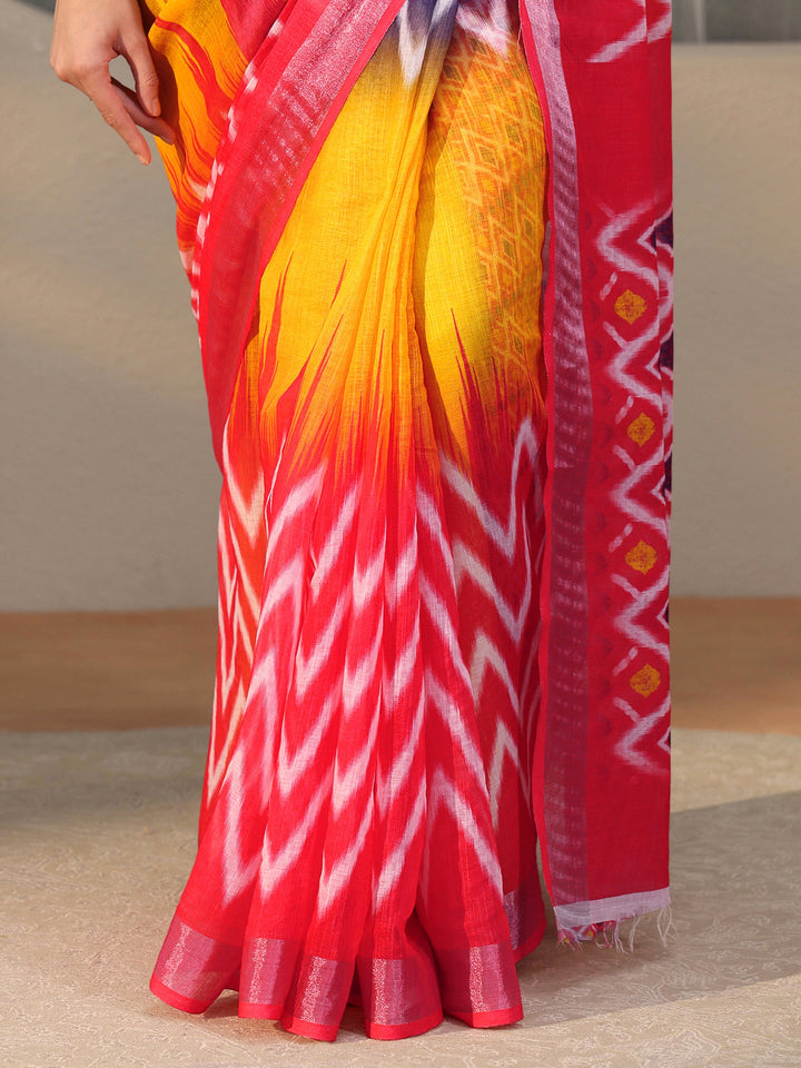 Libas Multi Colour Ikat Style Chevron Printed Cotton Blend Saree