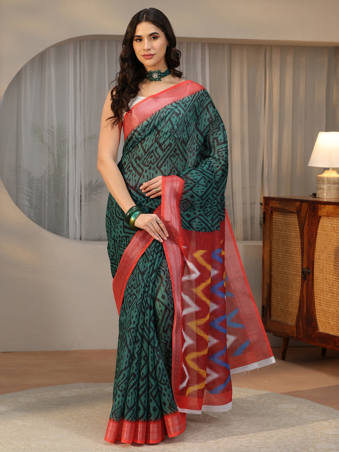 Libas Multi Colour Ikat Style Chevron Printed Cotton Blend Saree