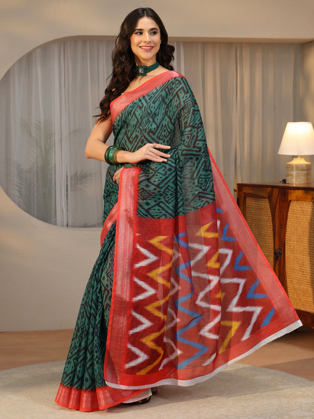 Libas Multi Colour Ikat Style Chevron Printed Cotton Blend Saree
