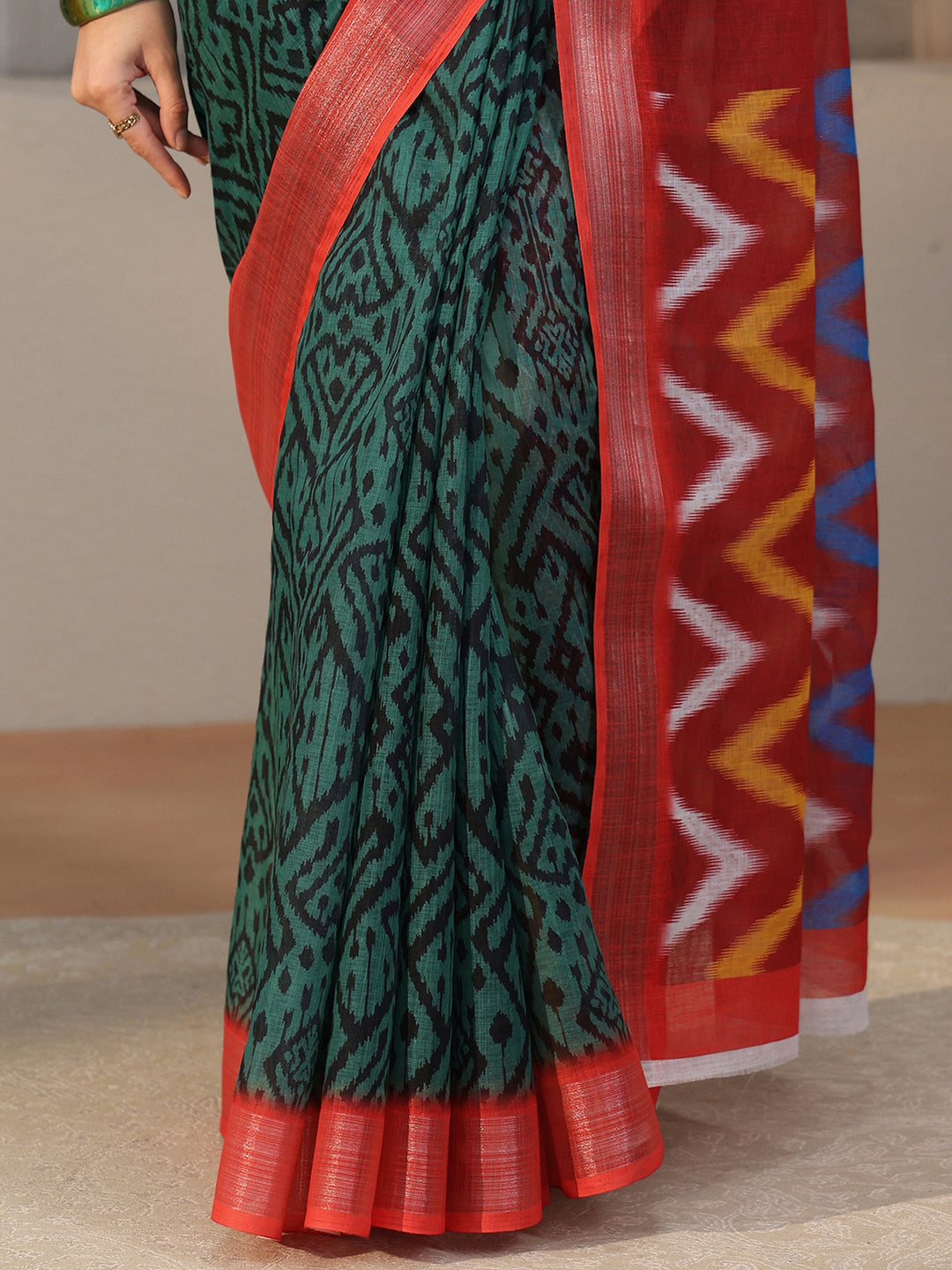 Libas Multi Colour Ikat Style Chevron Printed Cotton Blend Saree